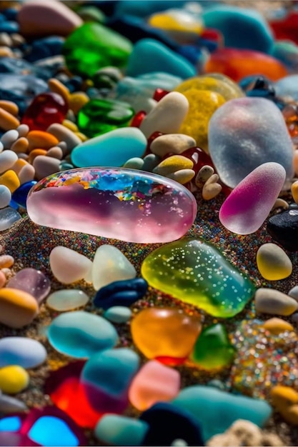 Pile of sea glass sitting on top of a sandy beach generative ai