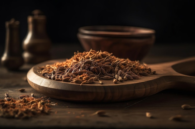 A pile of seeds on a wooden plate.