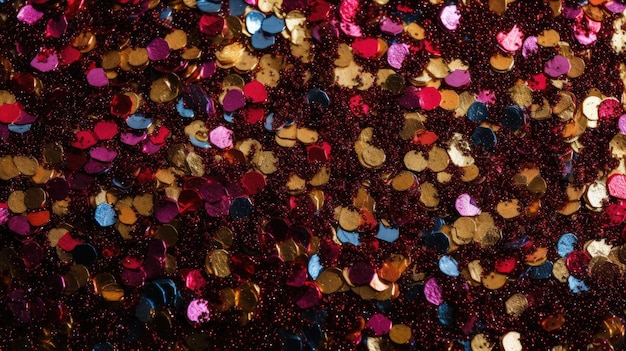 A pile of sequins with a blue and red heart on the top.