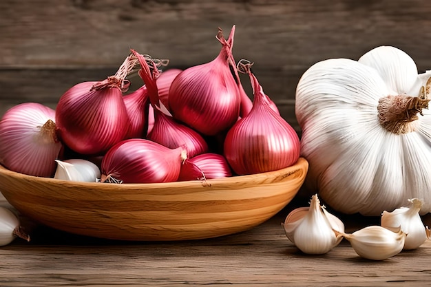 A pile of shallots and garlic