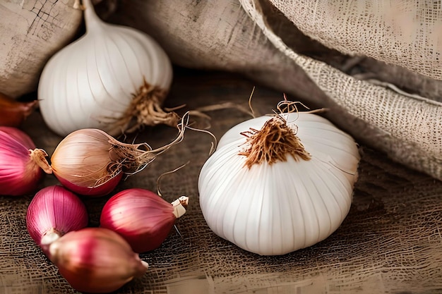 A pile of shallots and garlic