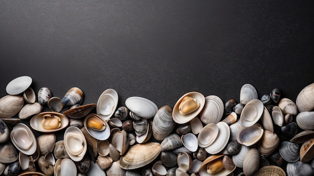 A pile of shells on a black background