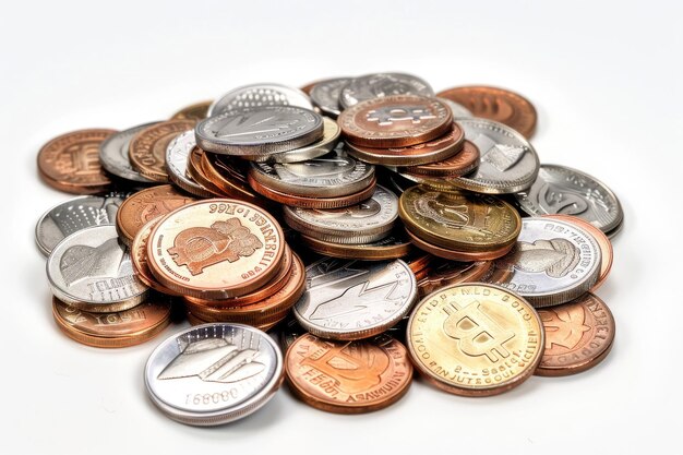 Photo pile of shiny usa coins on white background