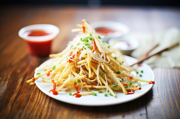 Photo pile of shoestring fries with ketchup drizzle