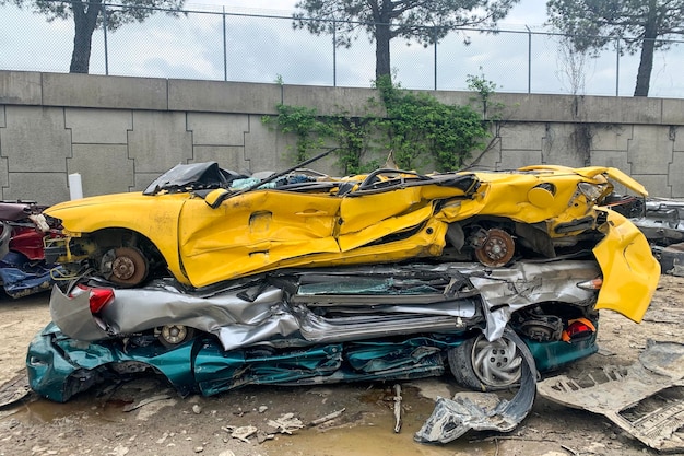 Pile of shredded cars to be shredded at a recycling plant stack\
of automobiles after road accidents