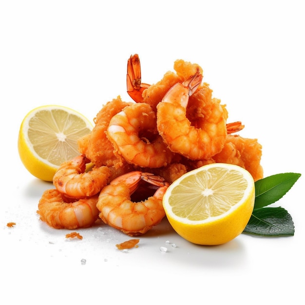 A pile of shrimp with lemons on the side