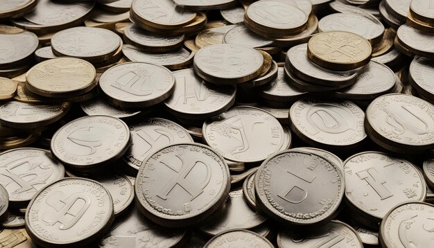 a pile of silver coins with a one that says x on it