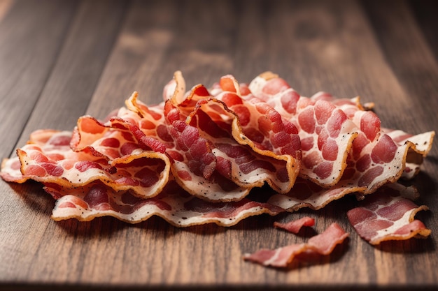 A pile of sliced bacon on a wooden table