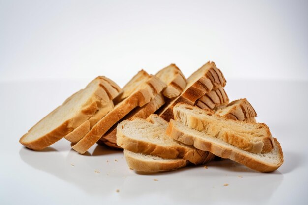 A pile of sliced bread on a white background