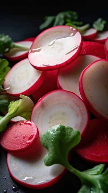 A pile of sliced radishes sitting on top of a table generative AI