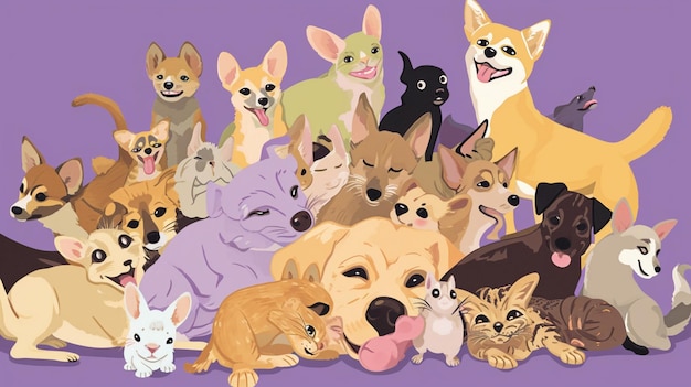 pile of smile dogs cats hamsters and birds on lilac background AI Generative