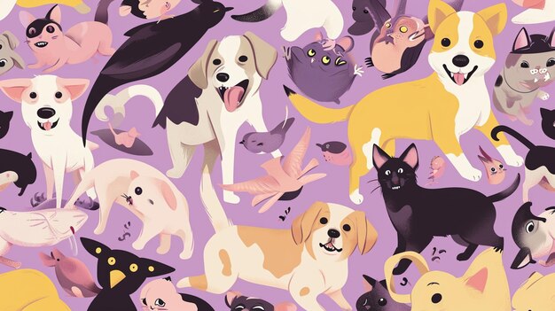 Куча улыбающихся собак кошек хомяков и птиц на фиолетовом фоне