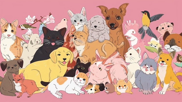 pile of smile dogs cats hamsters and birds on lilac background AI Generative