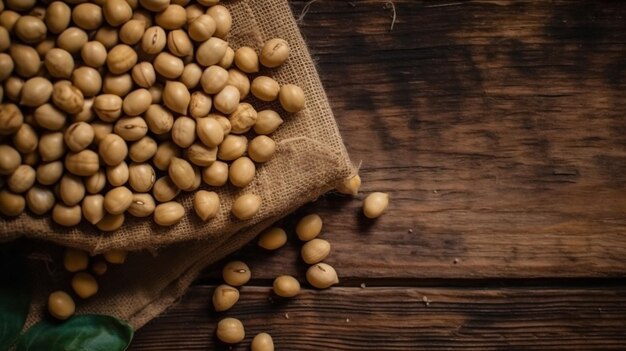 A pile of soya beans or soybean above the gunny sack wooden background copy space studio presentation flat lay