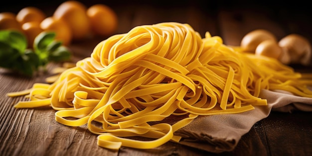 A pile of spaghetti is on a table.