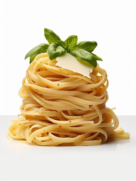 a pile of spaghetti with a green leaf on top