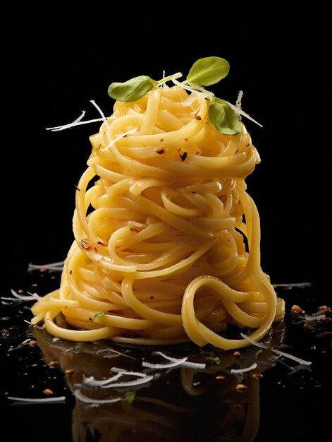a pile of spaghetti with a sprig of basil on top
