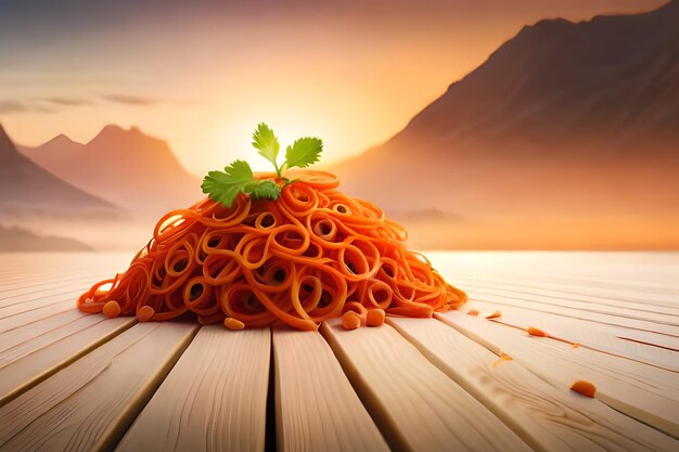 Photo a pile of spaghetti on a wooden table with a sunset in the background.