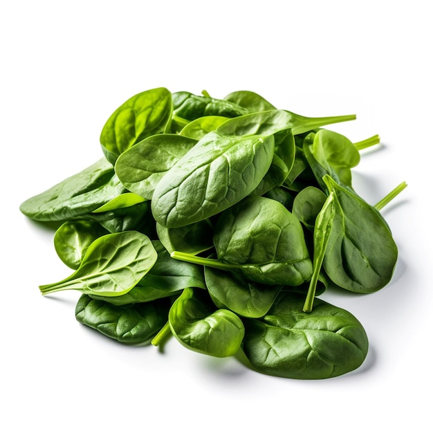 A pile of spinach leaves on a white background