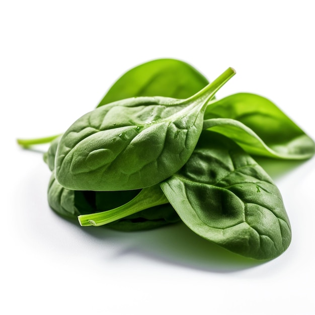 A pile of spinach leaves on a white background