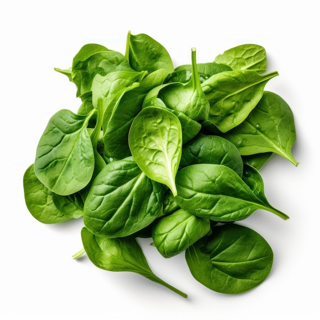 A pile of spinach leaves on a white background