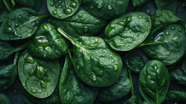 A pile of spinach leaves with water drops on them