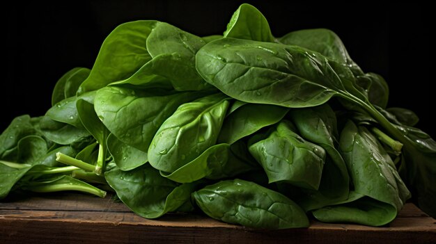 a pile of spinach leaves on a wooden table