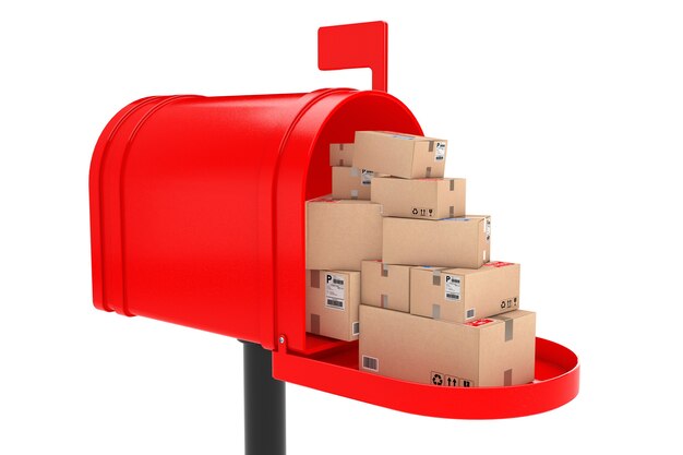 Pile of Stacked Cardboard Boxes Parcels in Red Mailbox on a white background. 3d Rendering