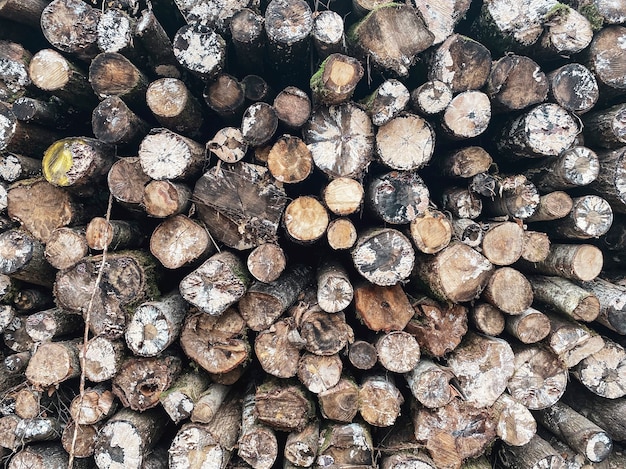 A pile stacked natural sawn wooden logs