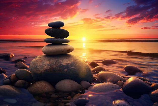 a pile of stones on the beach at the sunset in the style of bess hamiti