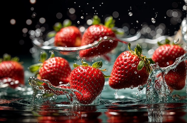 A pile of strawberries with water droplets splashing