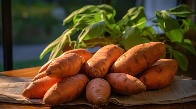 a pile of sweet potatoes sitting on top of a table