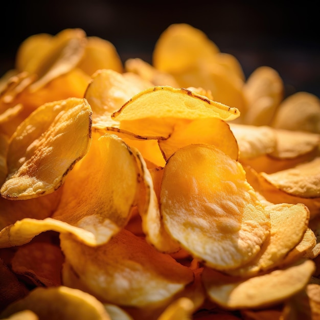 A pile of tasty potato chips close up generative ai