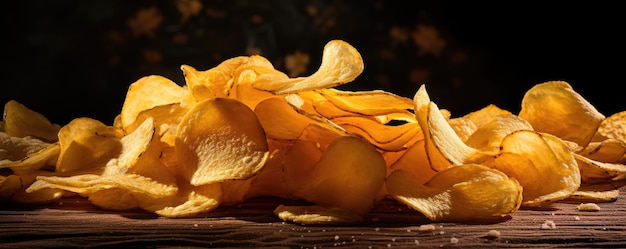 Photo a pile of tasty potato chips on the table generative ai