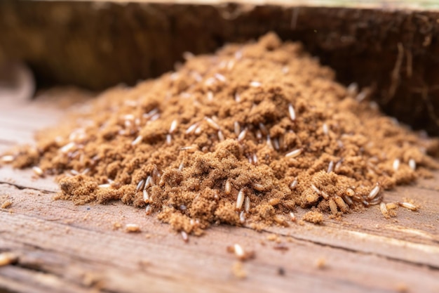 A pile of termite frass droppings on wood