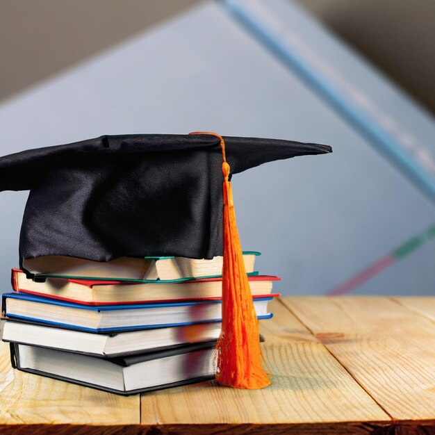 Foto una pila di libri di testo e un cappello di toga