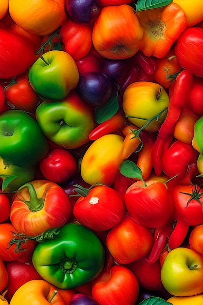 A pile of tomatoes and peppers with one that says " a " on it.