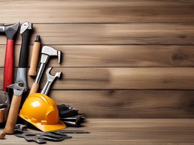 Photo a pile of tools and a hard hat on a wooden background