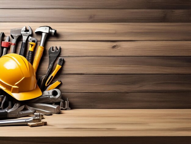 Photo a pile of tools with a wooden background