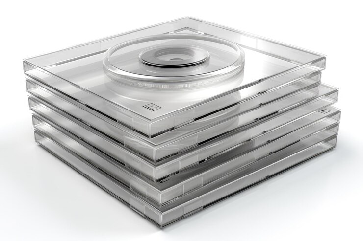 Photo pile of transparent plastic discs on a plain white background
