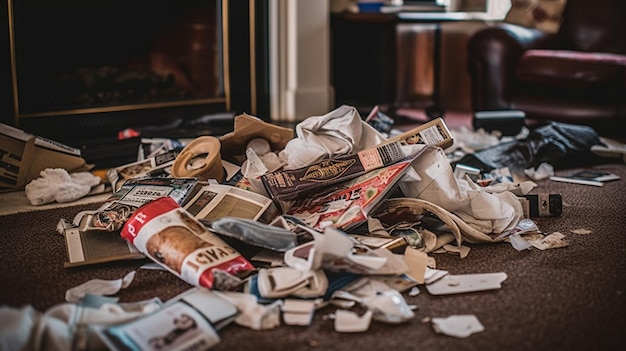 A pile of trash on the floor of a house with a box of pizza and a box of chips.