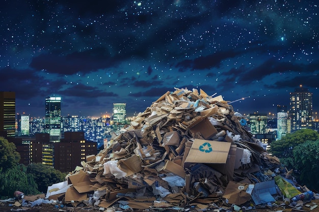 A pile of trash is on top of a hill in the middle of a city