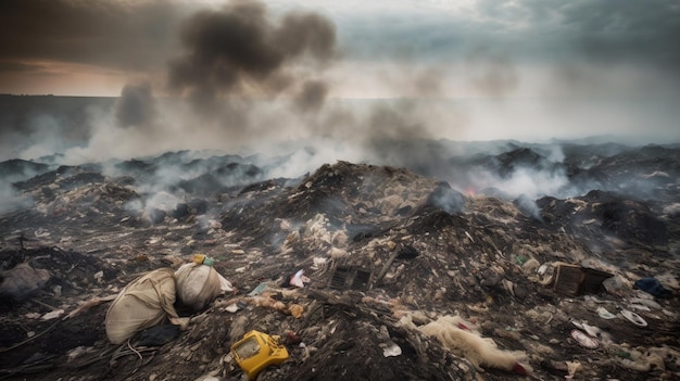 A pile of trash with a smoke in the background.