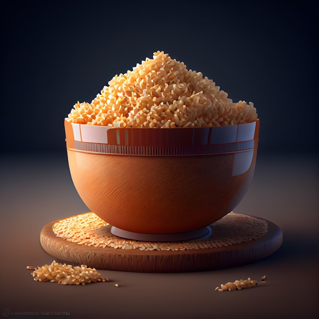 Pile of uncooked rice in wooden bowl illustration