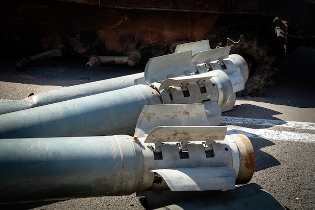 Pile of unexploded ordnance during the war in Ukraine