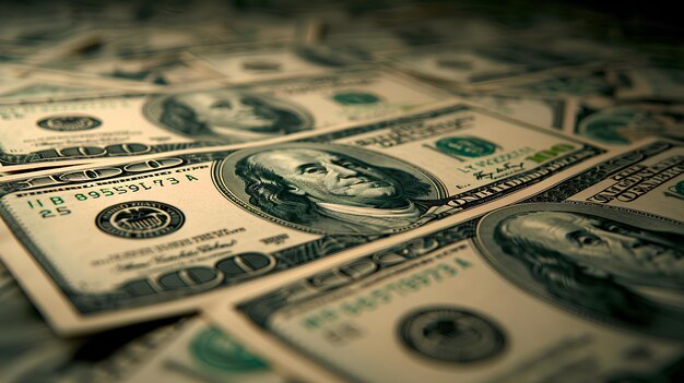 A pile of us dollar bills on a dark background