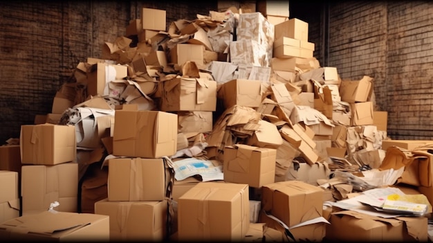 Pile of used cardboard boxes paper scraps and paper garbage Generative AI