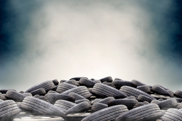 pile of used rubber tires with smoke