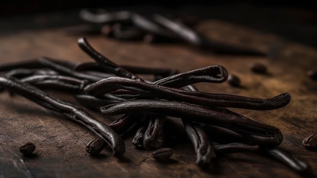 A pile of vanilla beans on a wooden table.