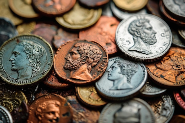 다양한 동전의 무더기 로마 제국의 붕괴에서 인플레이션은 동전을 통해 설명 인공지능이 생성